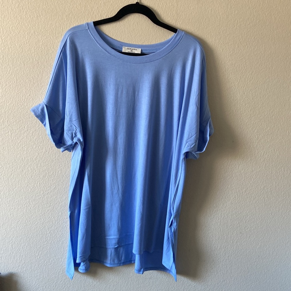 NEW Zenana Blue Cuff Sleeve Side Slit Top